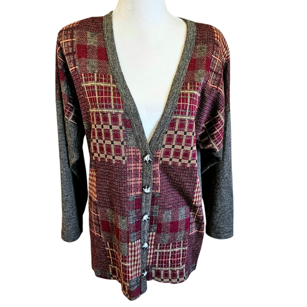 Land & Sea Vintage Knit Cardigan Dropped Shoulder Button Up Patchwork EUC